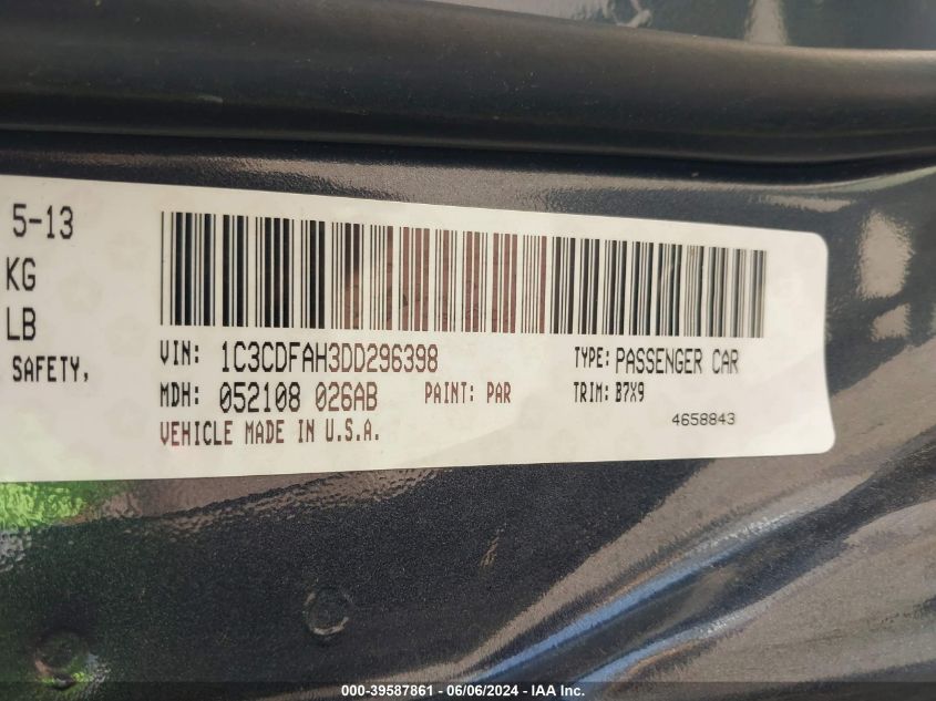 2013 Dodge Dart Aero VIN: 1C3CDFAH3DD296398 Lot: 39587861