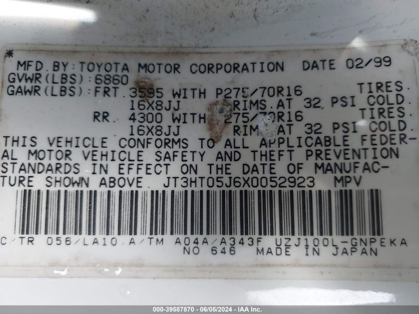 1999 Toyota Land Cruiser VIN: JT3HT05J6X0052923 Lot: 39587870