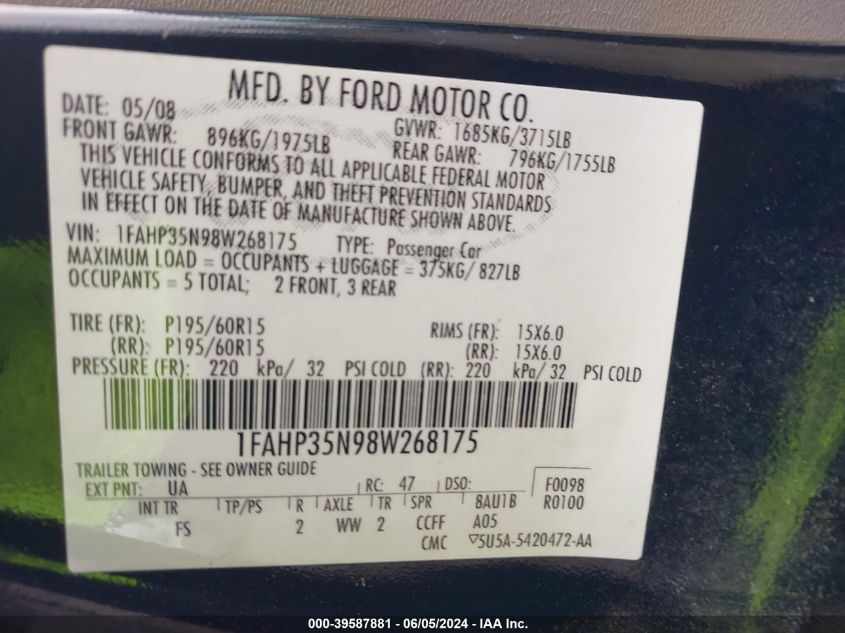 2008 Ford Focus Se/Ses VIN: 1FAHP35N98W268175 Lot: 39587881