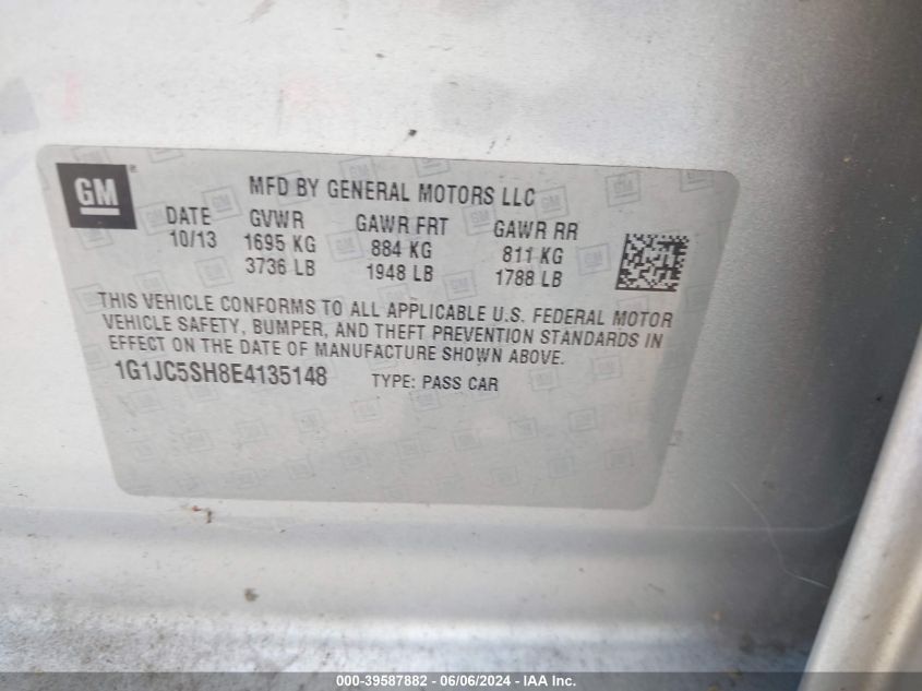 2014 Chevrolet Sonic Lt VIN: 1G1JC5SH8E4135148 Lot: 39587882