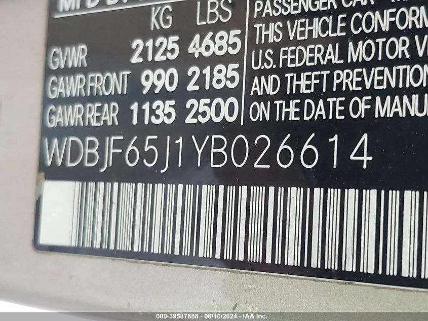 2000 Mercedes-Benz E 320 VIN: WDBJF65J1YB026614 Lot: 39587888