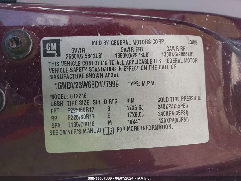 2008 Chevrolet Uplander Ls VIN: 1GNDV23W68D177999 Lot: 39587889