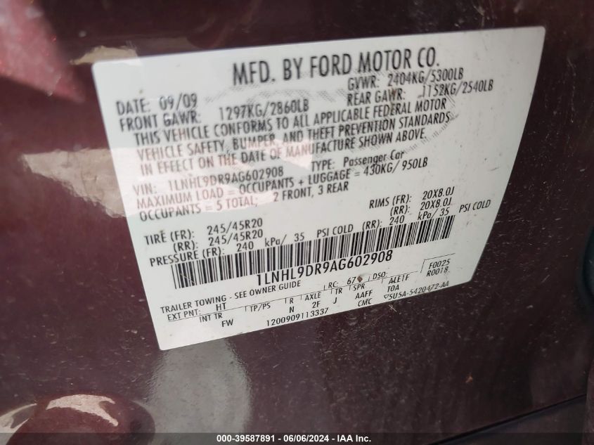 2010 Lincoln Mks VIN: 1LNHL9DR9AG602908 Lot: 39587891