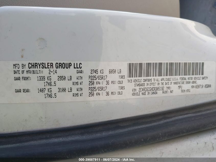2014 Dodge Grand Caravan Sxt VIN: 2C4RDGCGXER305192 Lot: 39587911