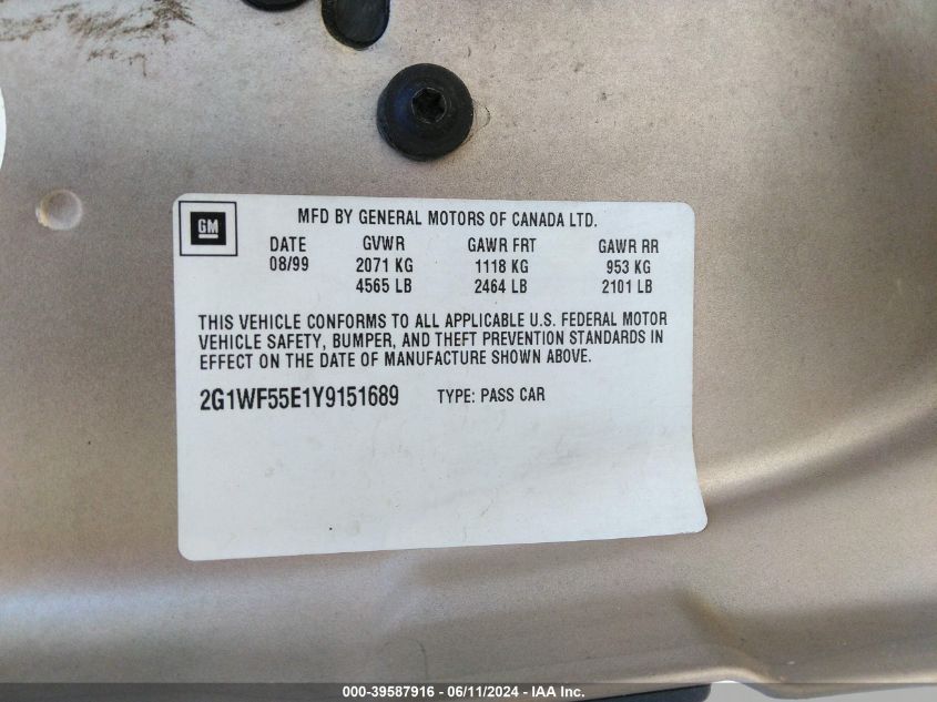 2000 Chevrolet Impala VIN: 2G1WF55E1Y9151689 Lot: 39587916