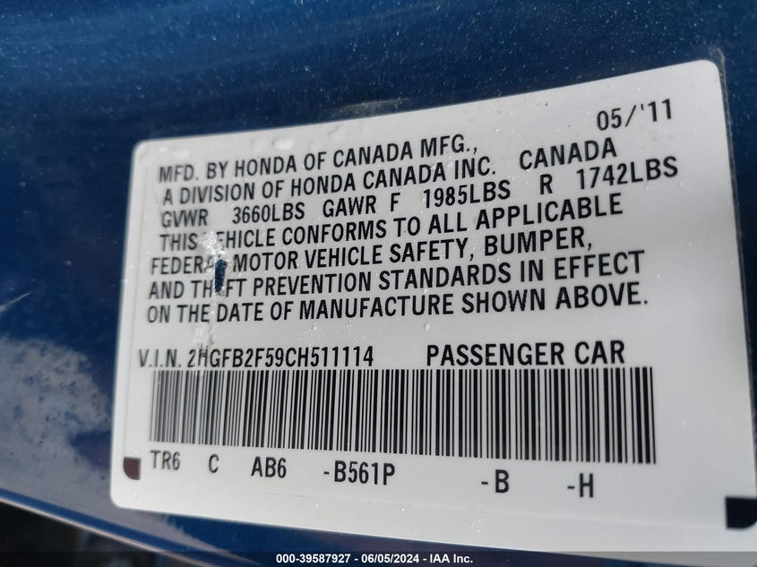 2012 Honda Civic Lx VIN: 2HGFB2F59CH511114 Lot: 39587927