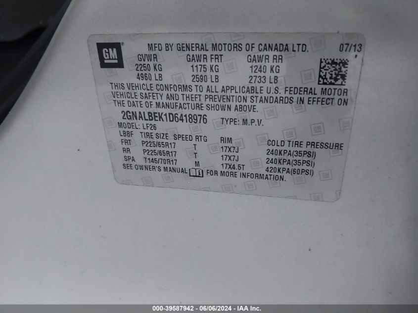 2013 Chevrolet Equinox Ls VIN: 2GNALBEK1D6418976 Lot: 39587942