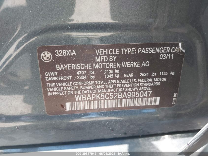 2011 BMW 328I xDrive VIN: WBAPK5C52BA995047 Lot: 39587943