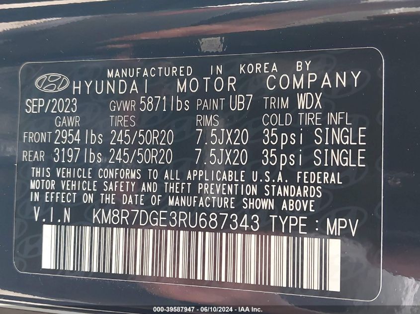 2024 Hyundai Palisade Calligraphy VIN: KM8R7DGE3RU687343 Lot: 39587947