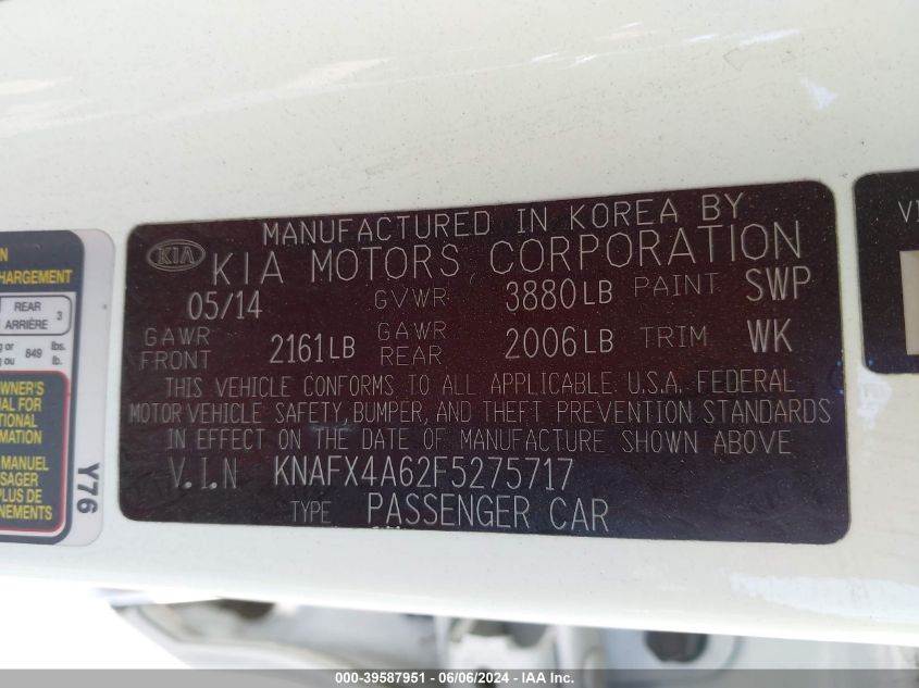 2015 Kia Forte Lx VIN: KNAFX4A62F5275717 Lot: 39587951