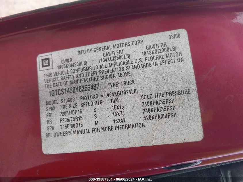 2000 GMC Sonoma Sls VIN: 1GTCS1450Y8255487 Lot: 39587981