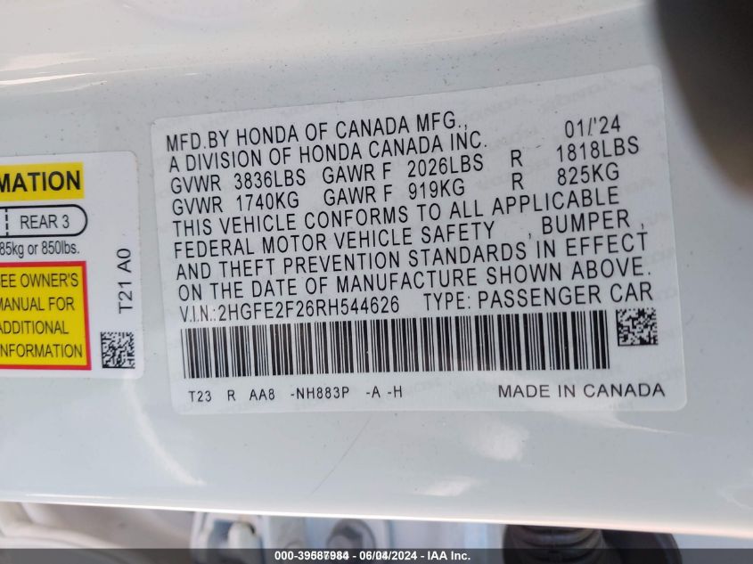 2024 Honda Civic Lx VIN: 2HGFE2F26RH544626 Lot: 39587984