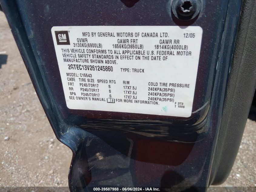 2006 GMC Sierra 1500 Sl VIN: 2GTEC13V261245860 Lot: 39587988