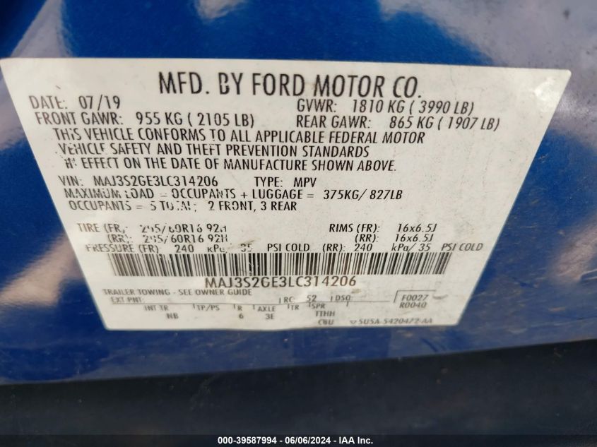 2020 Ford Ecosport Se VIN: MAJ3S2GE3LC314206 Lot: 39587994