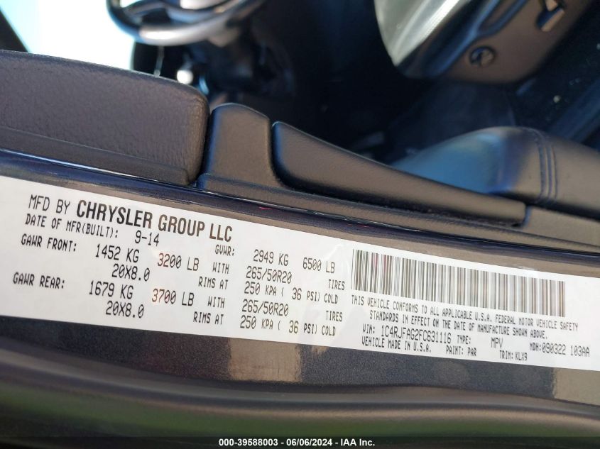 2015 Jeep Grand Cherokee Laredo VIN: 1C4RJFAG2FC631116 Lot: 39588003