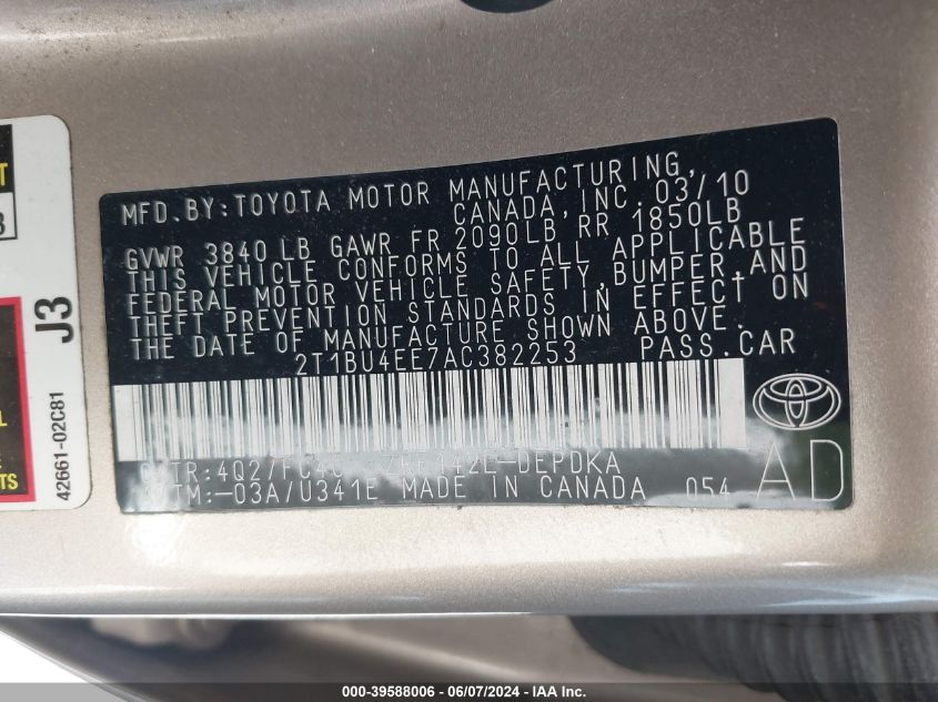 2010 Toyota Corolla Le VIN: 2T1BU4EE7AC382253 Lot: 39588006