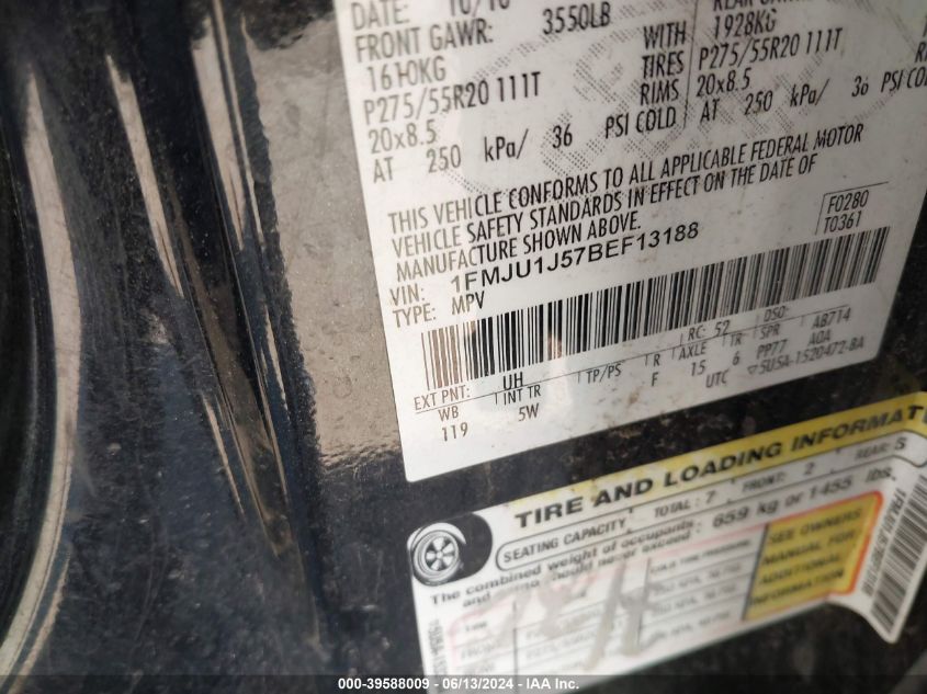 2011 Ford Expedition King Ranch VIN: 1FMJU1J57BEF13188 Lot: 39588009