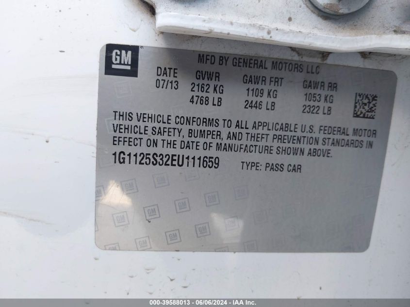 2014 Chevrolet Impala 2Lt VIN: 1G1125S32EU111659 Lot: 39588013