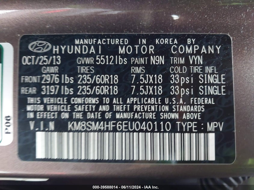 2014 Hyundai Santa Fe Gls VIN: KM8SM4HF6EU040110 Lot: 39588014