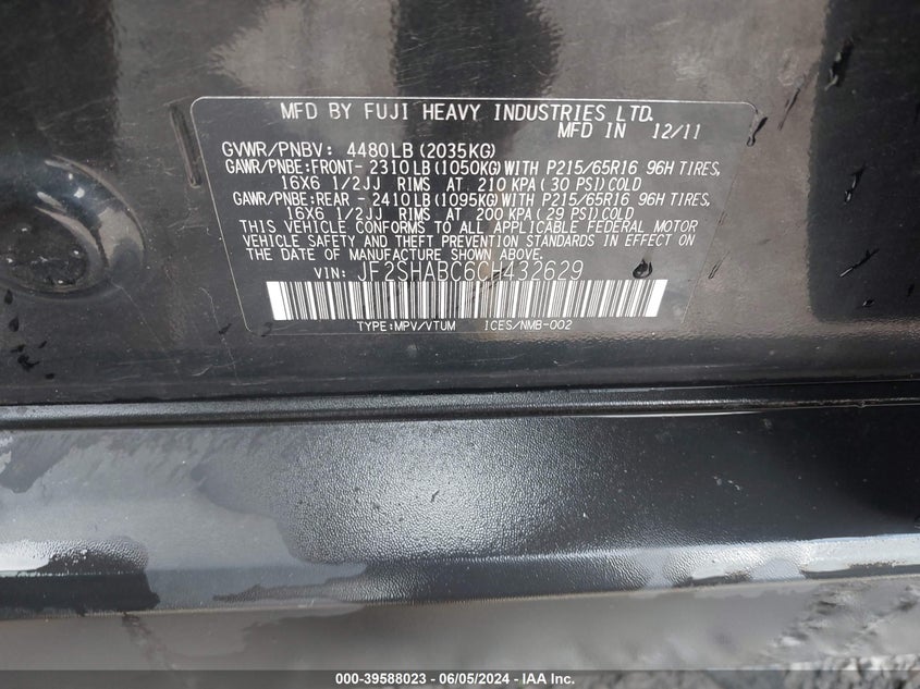 2012 Subaru Forester 2.5X VIN: JF2SHABC6CH432629 Lot: 39588023