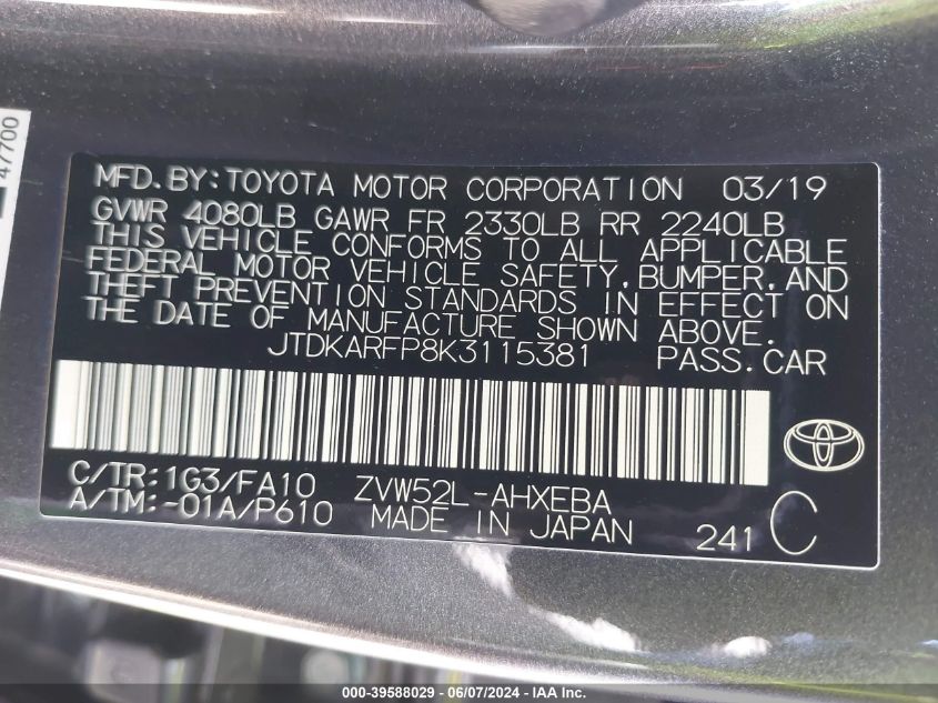 2019 Toyota Prius Prime Plus VIN: JTDKARFP8K3115381 Lot: 39588029