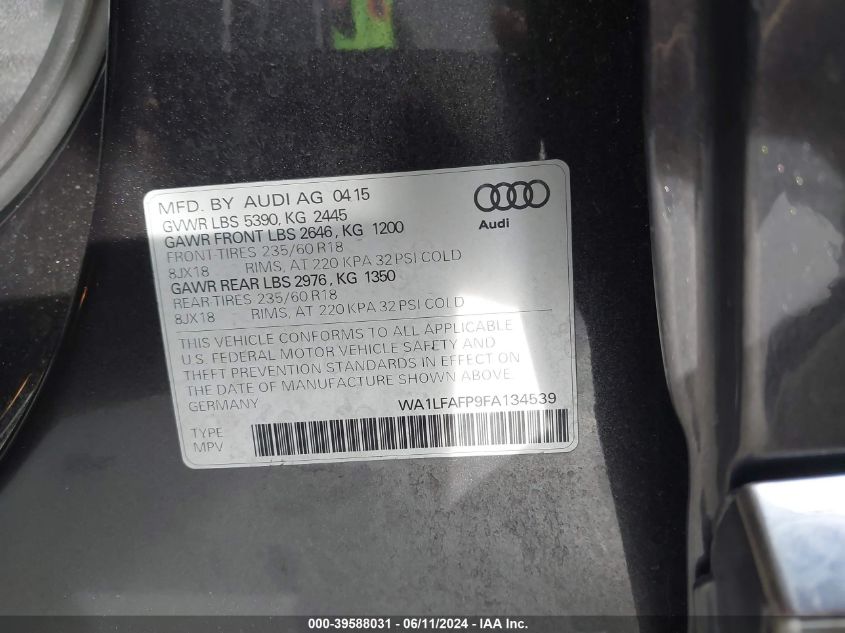 2015 Audi Q5 2.0T Premium VIN: WA1LFAFP9FA134539 Lot: 39588031