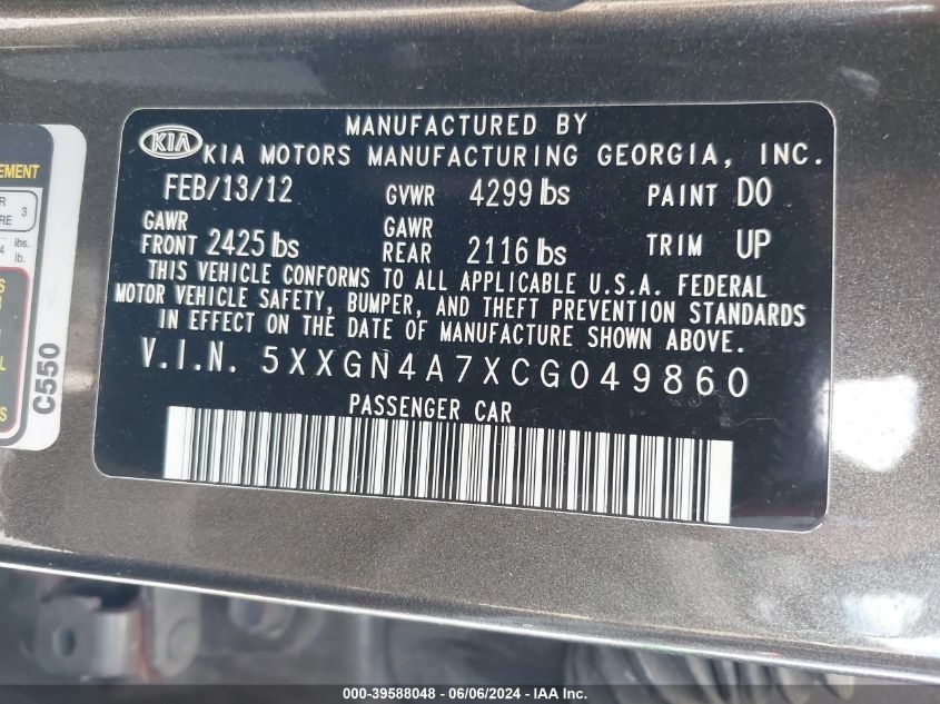 2012 Kia Optima Ex VIN: 5XXGN4A7XCG049860 Lot: 39588048