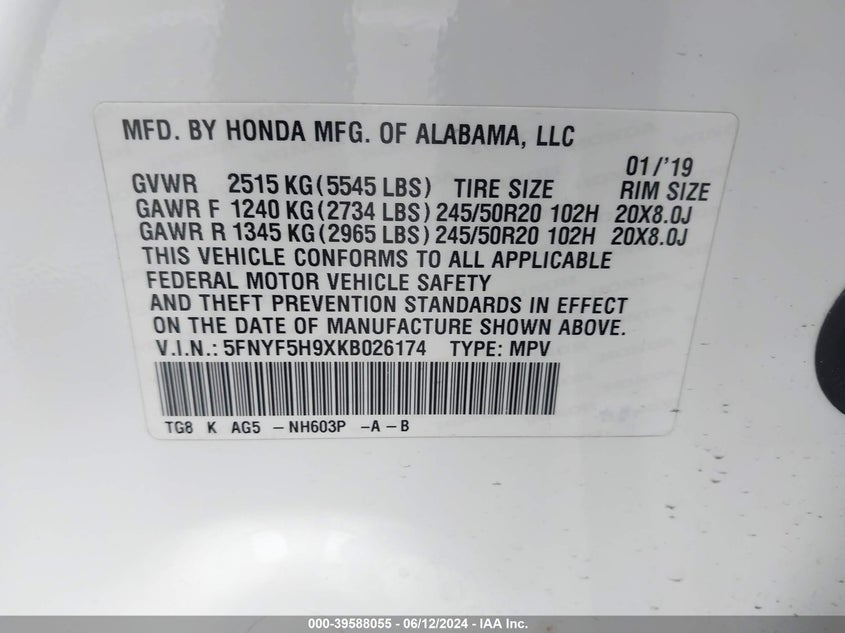 VIN 5FNYF5H9XKB026174 2019 HONDA PILOT TOURING