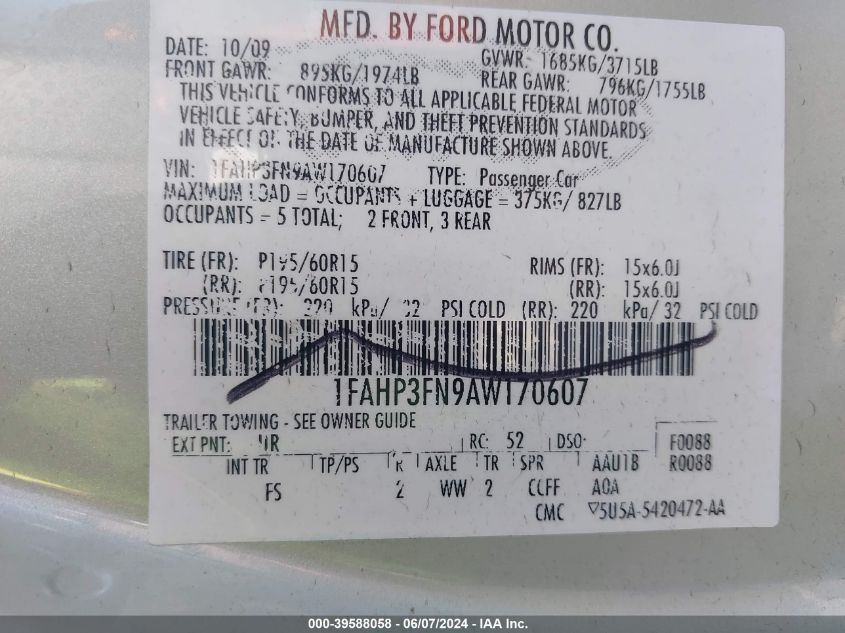 2010 Ford Focus Se VIN: 1FAHP3FN9AW170607 Lot: 39588058