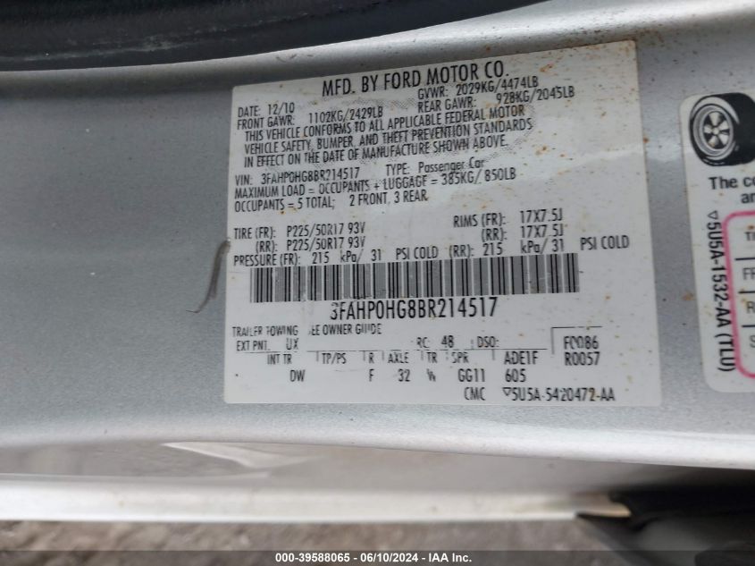 2011 Ford Fusion Se VIN: 3FAHP0HG8BR214517 Lot: 39588065