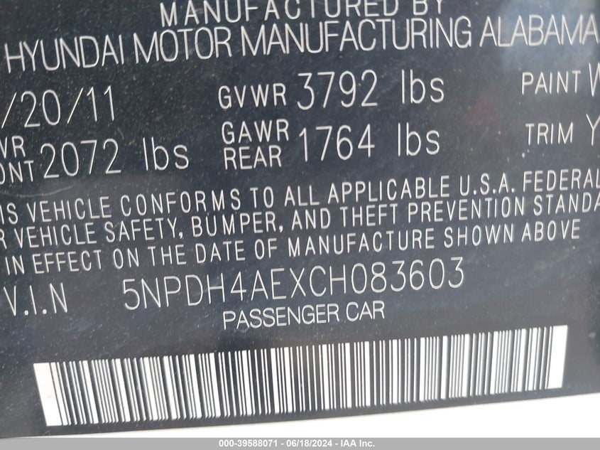 2012 Hyundai Elantra Limited VIN: 5NPDH4AEXCH083603 Lot: 39588071