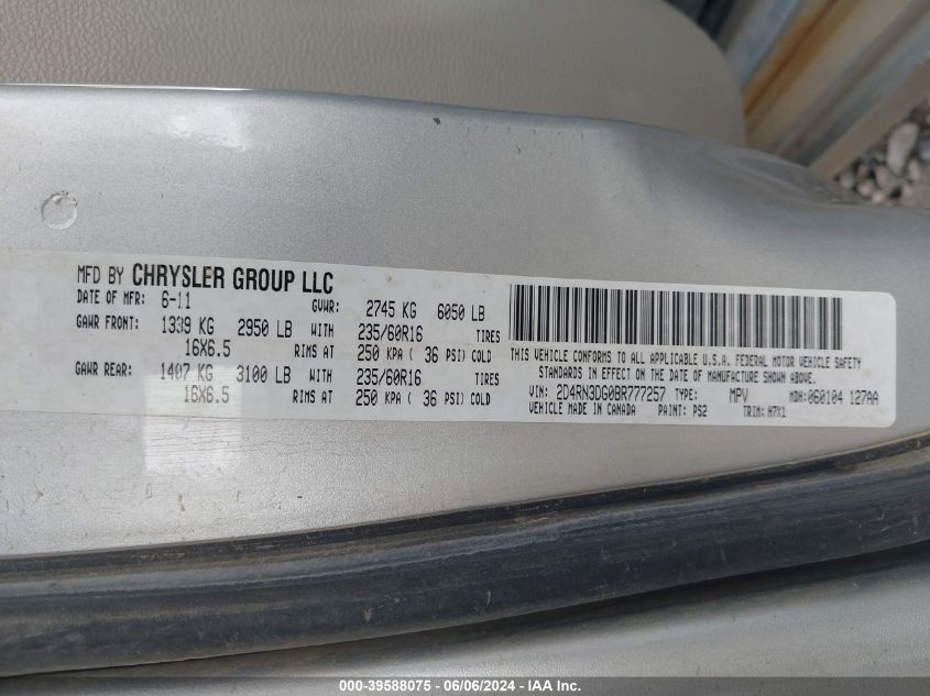 2011 Dodge Grand Caravan Mainstreet VIN: 2D4RN3DG0BR777257 Lot: 39588075