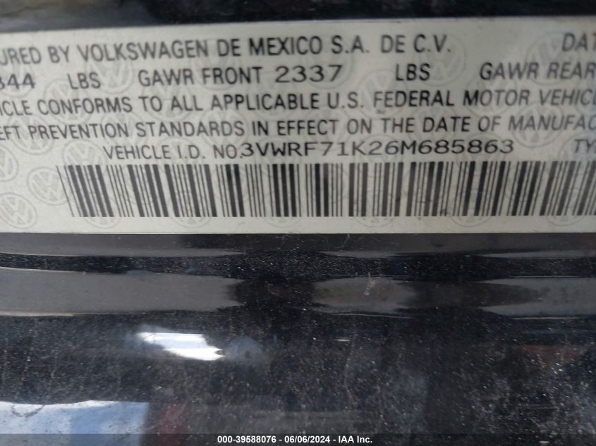 2006 Volkswagen Jetta 2.5 VIN: 3VWRF71K26M685863 Lot: 39588076
