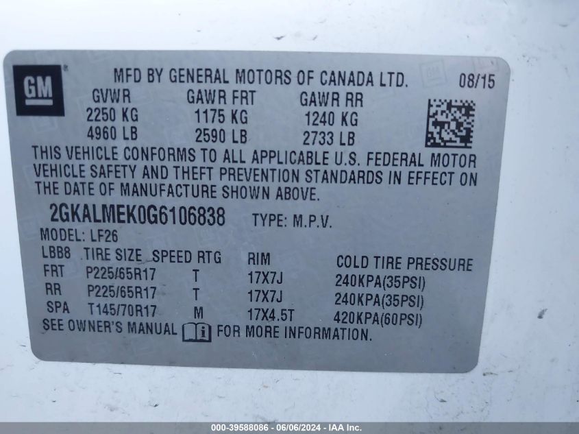 2016 GMC Terrain Sle-1 VIN: 2GKALMEK0G6106838 Lot: 39588086