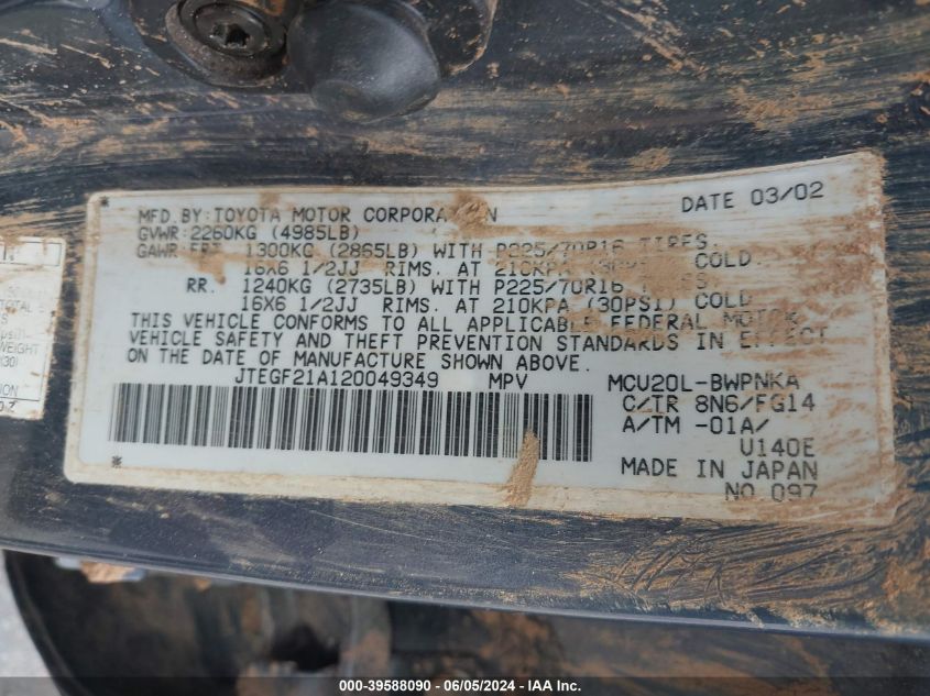 2002 Toyota Highlander V6 VIN: JTEGF21A120049349 Lot: 39588090