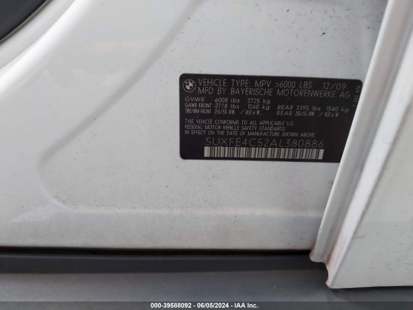 2010 BMW X5 xDrive30I VIN: 5UXFE4C52AL380886 Lot: 39588092