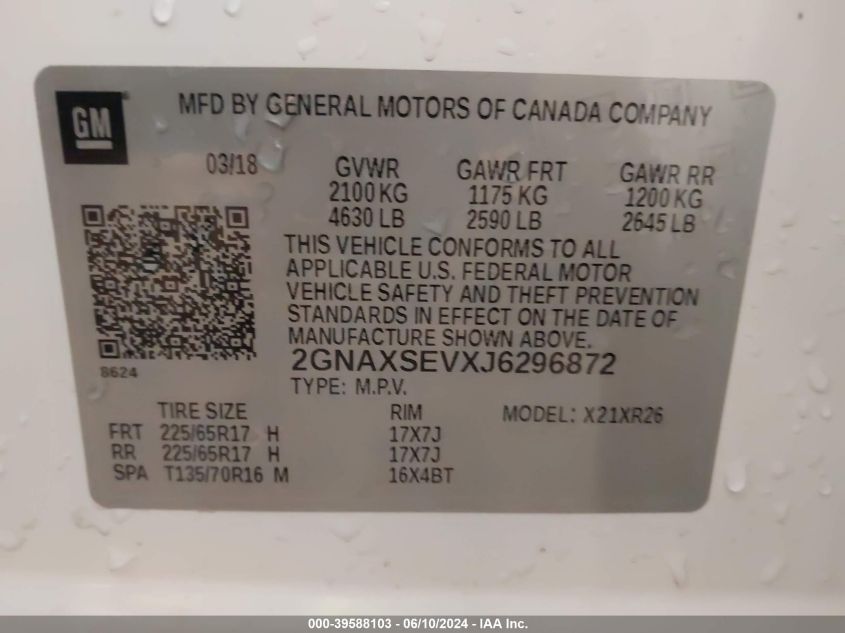 2018 Chevrolet Equinox Lt VIN: 2GNAXSEVXJ6296872 Lot: 39588103