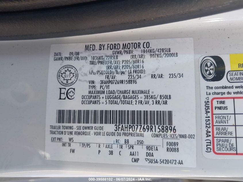 2009 Ford Fusion Se VIN: 3FAHP07Z69R158896 Lot: 39588102