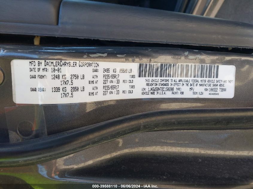 2002 Jeep Grand Cherokee Limited VIN: 1J4GW58N72C150208 Lot: 39588110