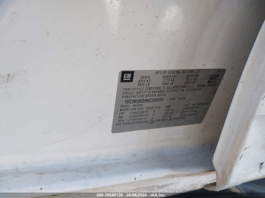 2017 Chevrolet Silverado 2500Hd Wt VIN: 1GC2KUEG8HZ309559 Lot: 39588126