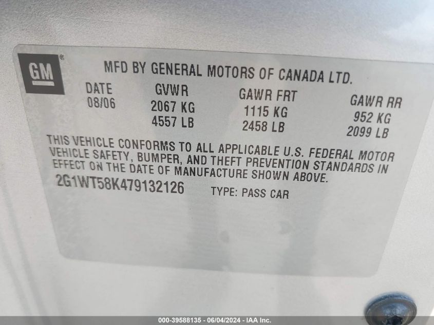 2007 Chevrolet Impala Lt VIN: 2G1WT58K479132126 Lot: 39588135