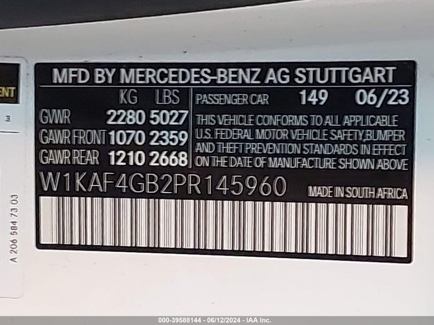 2023 MERCEDES-BENZ C 300 SEDAN VIN: W1KAF4GB2PR145960