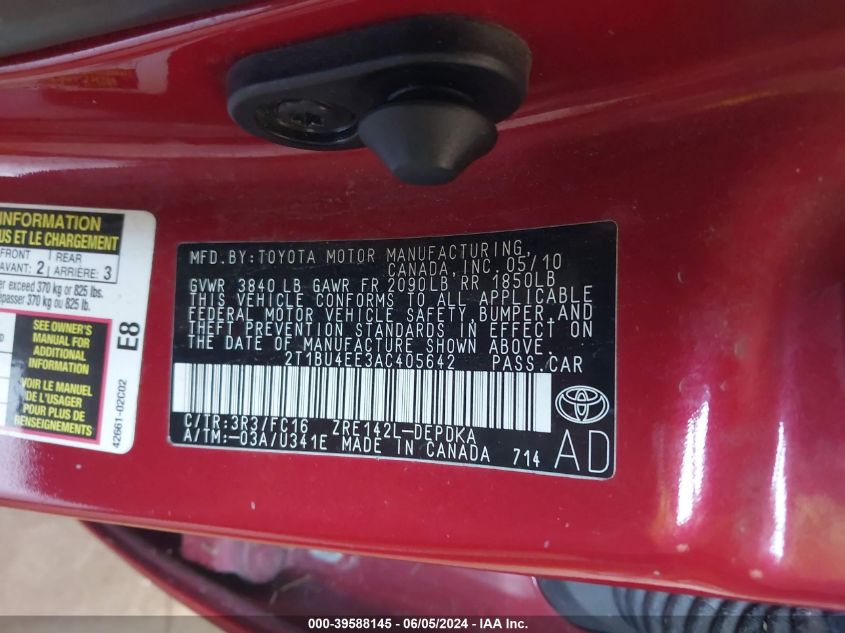 2010 Toyota Corolla Le VIN: 2T1BU4EE3AC405642 Lot: 39588145