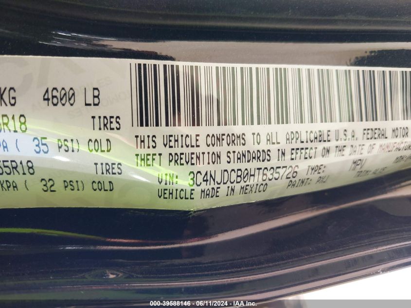 2017 Jeep New Compass Limited 4X4 VIN: 3C4NJDCB0HT635726 Lot: 39588146