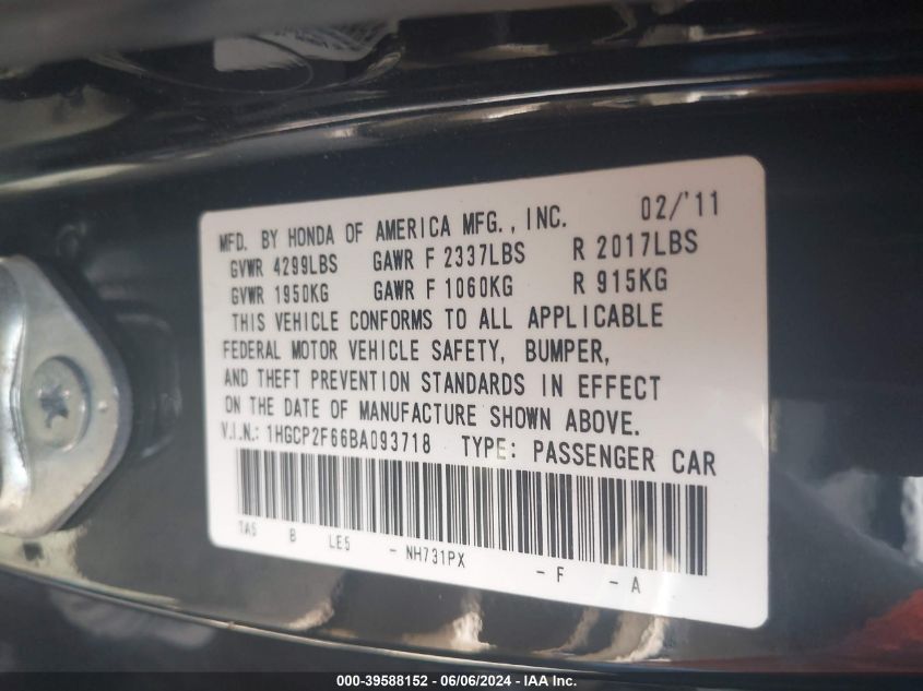 2011 Honda Accord 2.4 Se VIN: 1HGCP2F66BA093718 Lot: 39588152