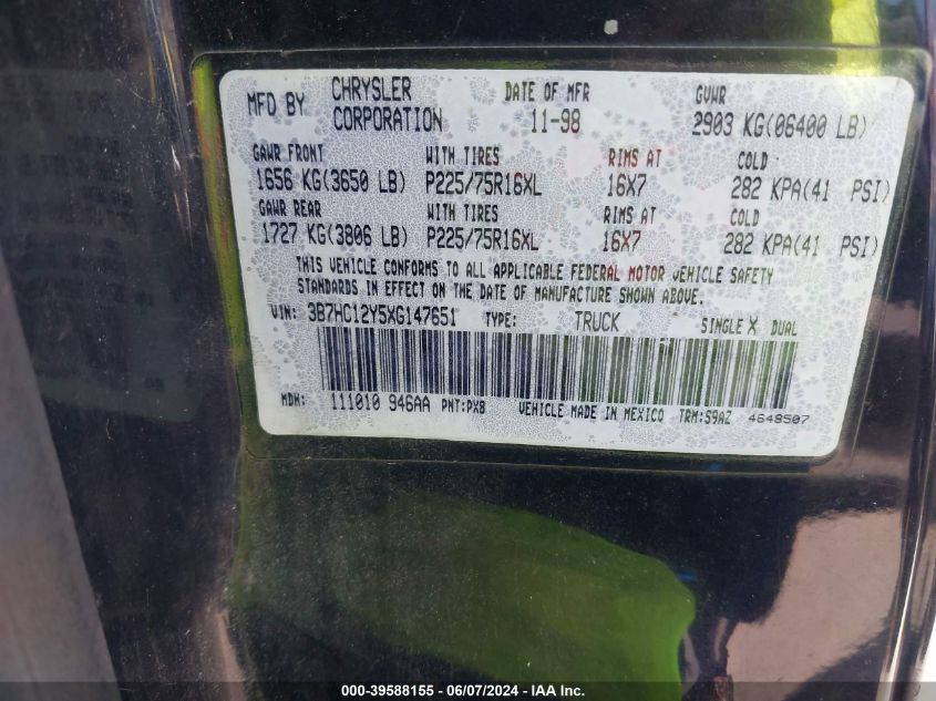 1999 Dodge Ram 1500 St VIN: 3B7HC12Y5XG147651 Lot: 39588155