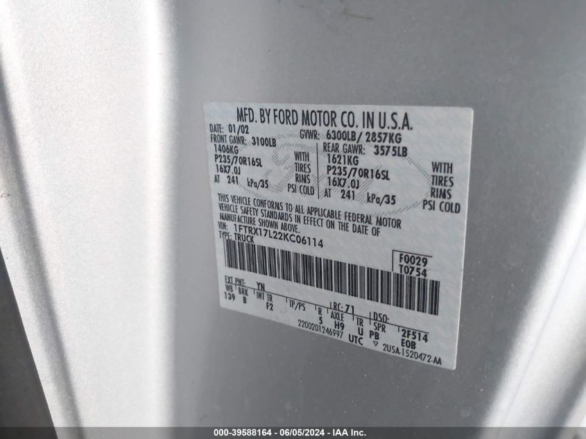 2002 Ford F-150 Lariat/Xl/Xlt VIN: 1FTRX17L22KC06114 Lot: 39588164
