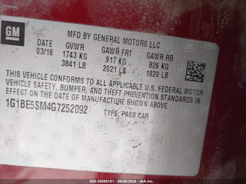 2016 Chevrolet Cruze Lt Auto VIN: 1G1BE5SM4G7252092 Lot: 39588181