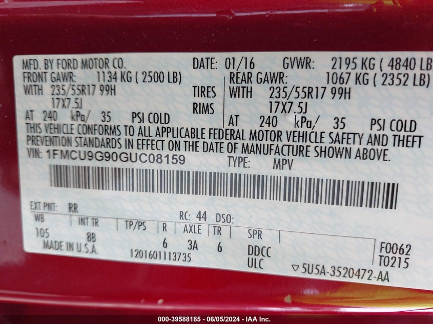 2016 Ford Escape Se VIN: 1FMCU9G90GUC08159 Lot: 39588185