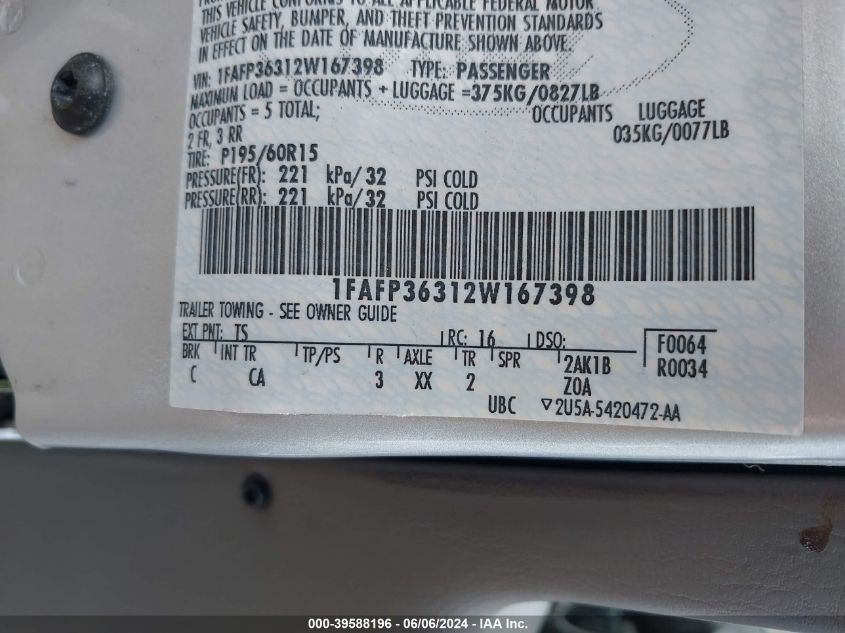 2002 Ford Focus Se/Ztw VIN: 1FAFP36312W167398 Lot: 39588196